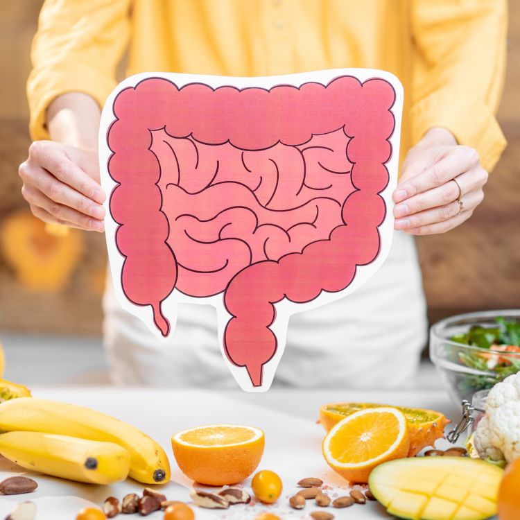 Zdjęcie przedstawiająca osobę trzymającą na wysokości brzucha papierową wycinankę z rysunkiem ludzkich jelit. Na pierwszym planie, na stole, leżą owoce i orzechy: banany, przekrojone pomarańcze, mango oraz migdały. To ilustracja tematu zdrowej diety i jej wpływu na mikrobiotę jelitową.